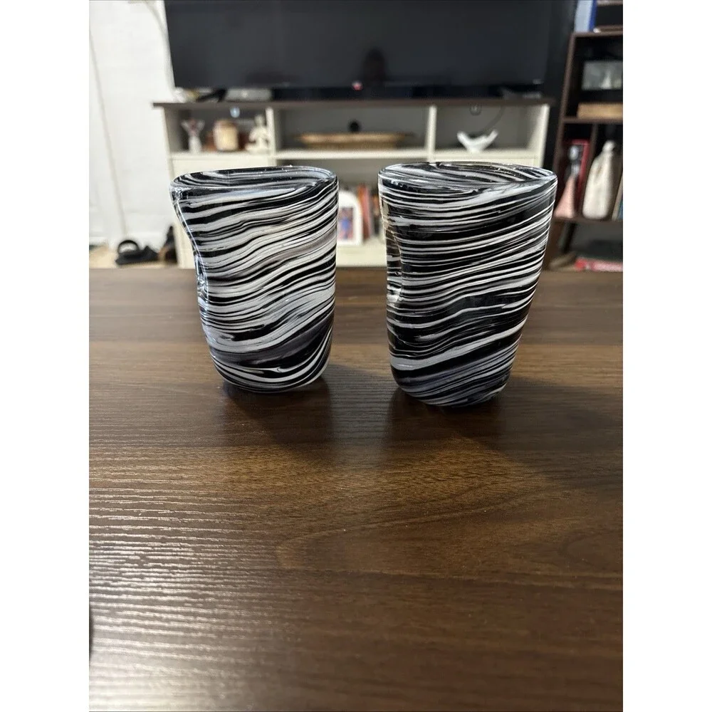 Murano Style Hand Blown glass vintage tumblers Mid Century Modern Black And Whte